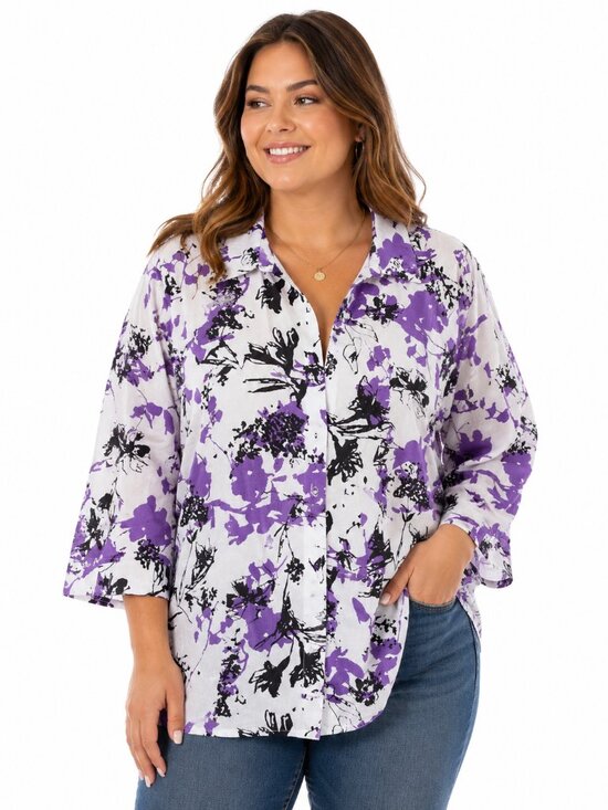 Kim Rogers Tops - Kim Rogers Woman Floral Button Front Blouse Women’s Plus Size 18W Purple White C
